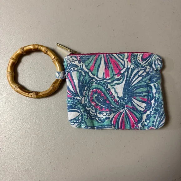 LILLY PULITZER Purse Wallet Wristlet Bag Bamboo Handle Clutch Make-up Canvas Min - Picture 4 of 10